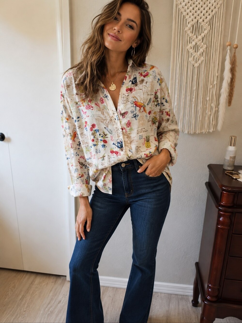 C by One Linen Blend Tropical Floral Button Up Shirt S